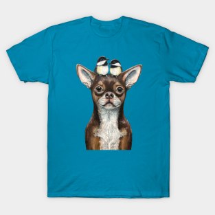 "Chihuahua & Chickadees" - Topped Dogs collection T-Shirt